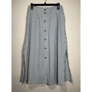 ASOS Size 6 Searsucker Stripped Midi Skirt Button Up Pockets A Line Blue White